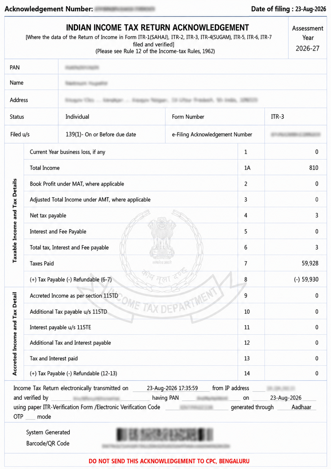 Income Tax Return Acknowledgement filed showing Total Income ₹810 and Refundable ₹59,930