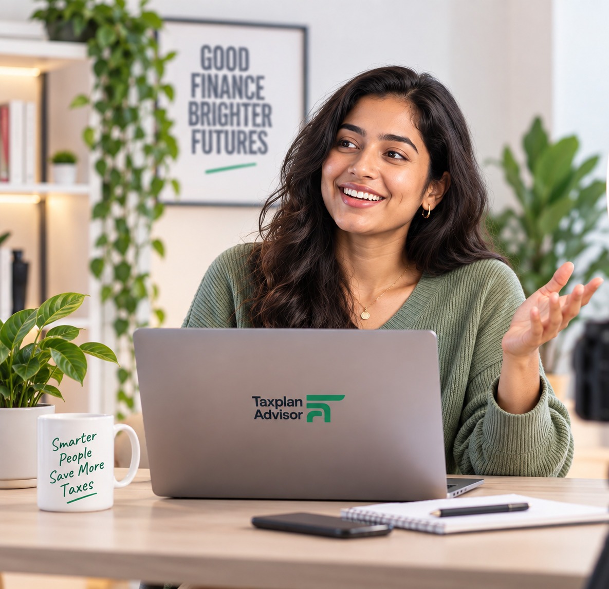 A creator recording a video at a desk with a TaxPlan Advisor laptop